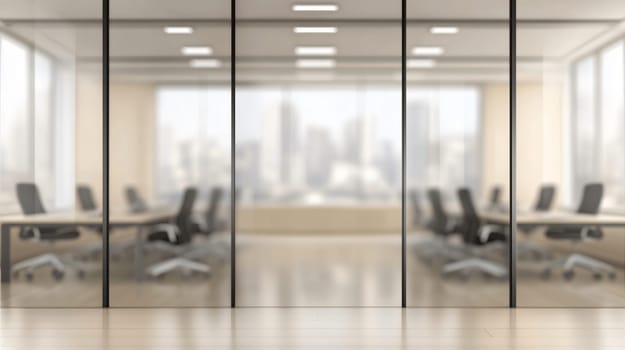 Blurred office interior with glass walls providing a view of a city skyline