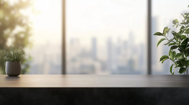 Empty desk is overlooking a city skyline with plants in a modern office