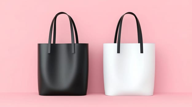 Two shopping bags standing on a pink background, a blank mockup ideal for showcasing your designs