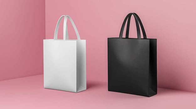 Two shopping bags standing on pink background, visual for retail, online shopping or branding