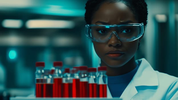 Young scientist is holding a tray of test tubes containing red liquid in a laboratory