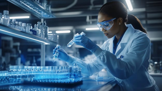 Medical scientist is comparing two test tubes in a modern, blue-lit laboratory