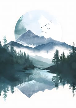 Peaceful mountain scene with reflections in clear water and soaring birds