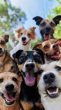 A group of companion dogs, a mix of various dog breeds, are posing together for a picture in front of a beautiful sky. They are sharing a moment of camaraderie and playfulness