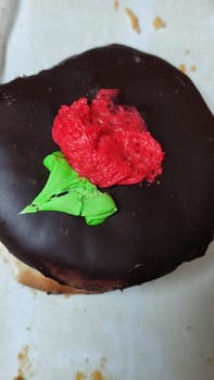 round sweet dessert cake with cream and chocolate, confectionery cooking food. High quality photo