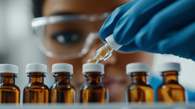 Scientist is carefully filling vials with a pipette during an experiment in a laboratory
