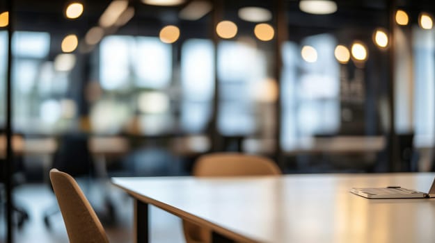 Modern empty open space office interior with nobody present featuring glass walls and a blurred background