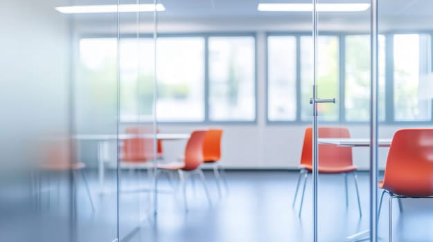 Blurred view of an empty modern open plan office interior with glass walls showing a meeting room
