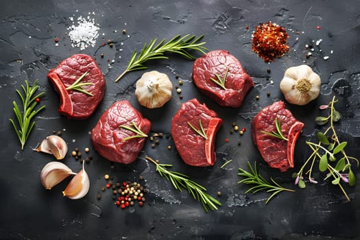 Various ingredients such as different types of meat and spices are displayed on the table along with Christmas ornaments and evergreen decorations