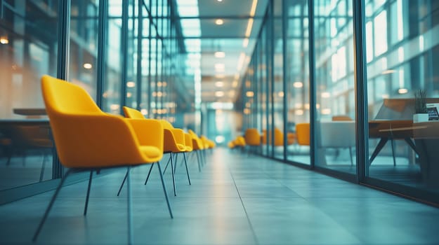Blurred modern office interior with yellow chairs and glass walls