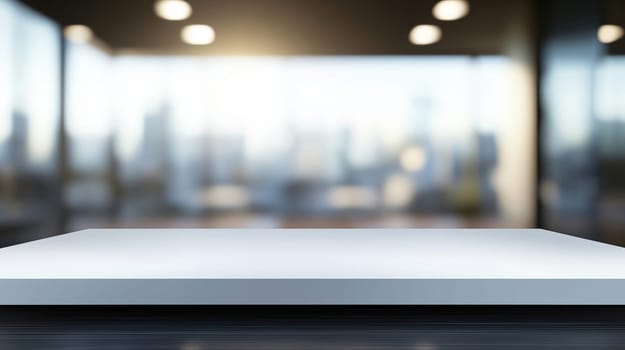 Empty white desk displaying products with blurred office background