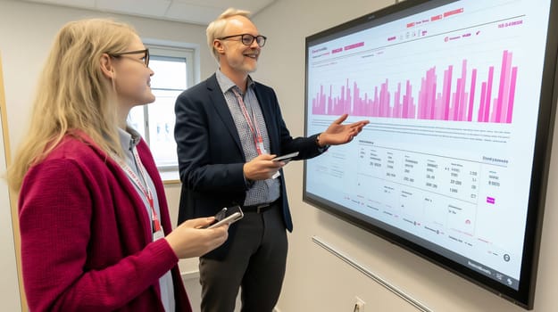 Business team is analyzing data displayed on an interactive whiteboard during a presentation about growth