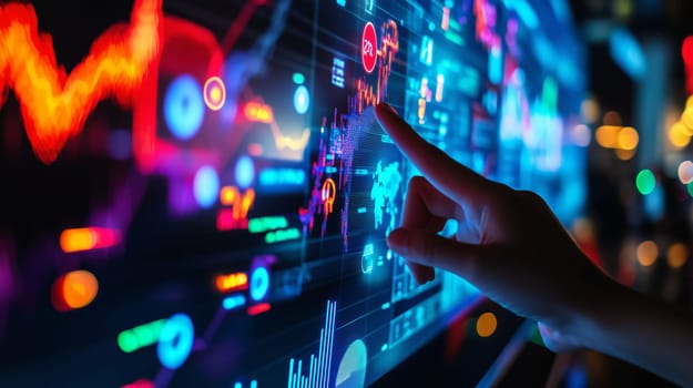 Businesswoman is pointing at a digital screen displaying interactive financial charts and data visualizations