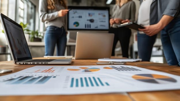 Business team standing around a table analyzing financial data on charts and graphs during a meeting
