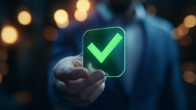 Businessman is holding a futuristic glowing green check mark icon, symbolizing approval and success
