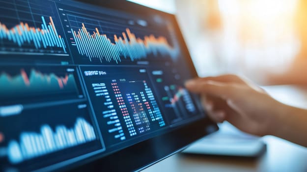 Businesswoman is analyzing financial data displayed on an interactive screen, using her finger to navigate through the information