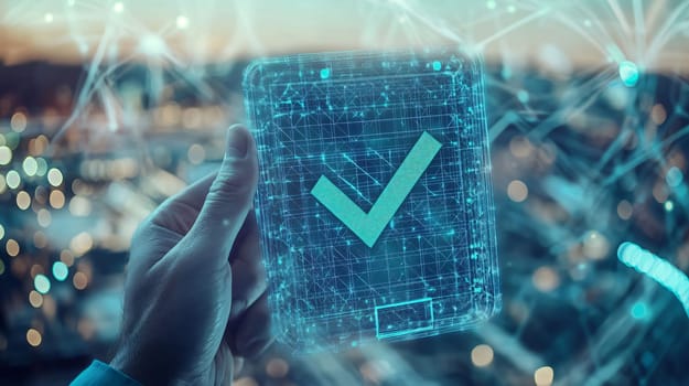 Businessman is holding a virtual green check mark, representing business success in a technological environment