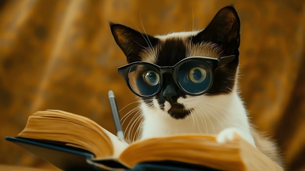 Cute cat wearing glasses is sitting with an open book and a pencil nearby