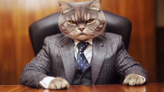 Serious cat boss wearing a suit and tie is sitting in an office chair at a desk