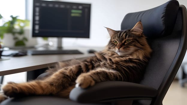 Fluffy cat is making itself comfortable in an office chair in a home office