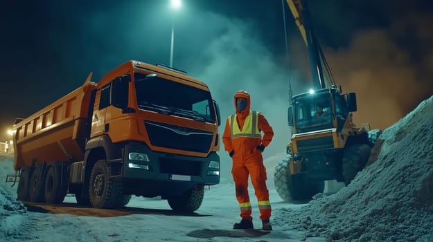 Construction worker wearing a mask posing at night with an excavator and a truck on a construction site