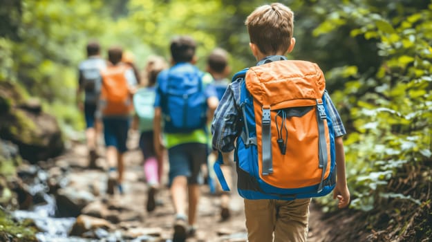 Group of elementary school students hiking on a trail in the woods