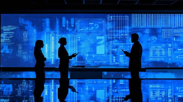 Business team is holding digital tablets and analyzing data on a futuristic digital interface