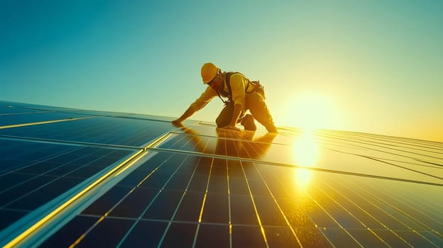 Engineer is working on a solar farm, installing photovoltaic panels during a beautiful sunset