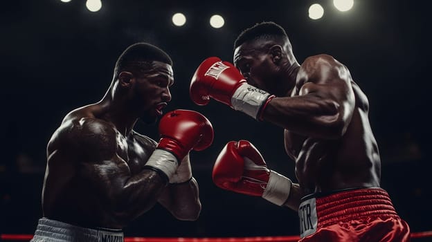 Two muscular professional boxers are practicing their fighting stance during a boxing match