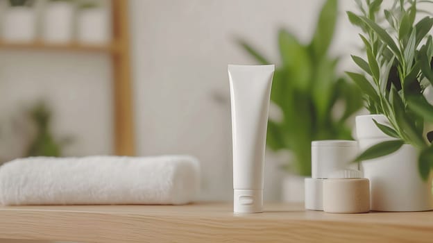 White cosmetic tube with blank label for mock up branding standing on wooden shelf with towel and plants in blurred background