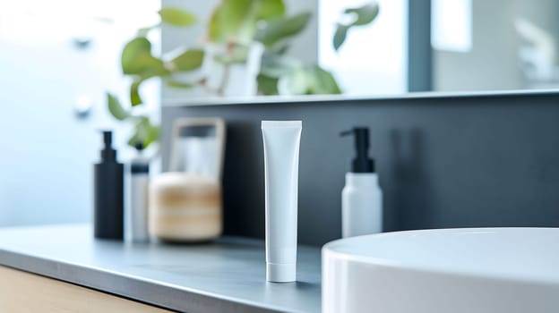 White blank tube standing on a bathroom countertop with other toiletries in the background