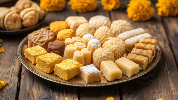 Plate of various indian sweets arranged for a festive occasion