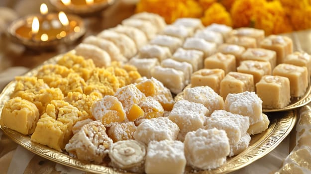 Golden plate displaying various traditional indian sweets during diwali festival of lights