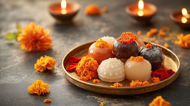 Delicious indian sweets on a plate, celebrating diwali with marigold flowers and oil lamps
