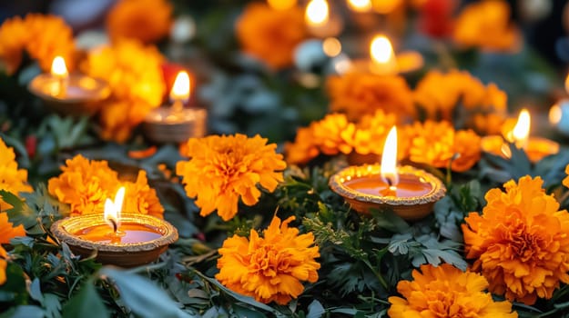 Burning candles illuminating cempasuchil flowers decorating a mexican day of the dead offering
