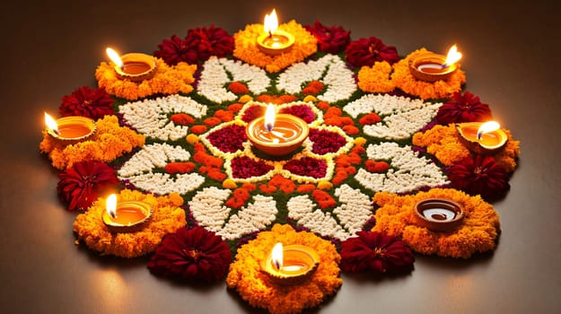 Illuminated flower rangoli is making a festive atmosphere for diwali