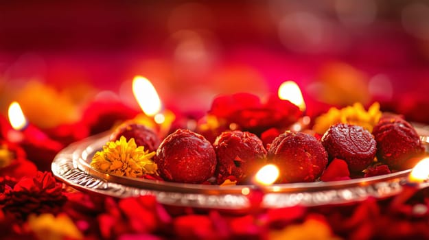 Delicious indian sweet dessert mithai is served on a plate for the diwali festival, surrounded by flowers and candles