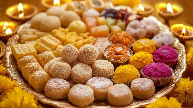 Plate full of traditional indian sweets and snacks is surrounded by lit candles and yellow flowers in celebration of diwali