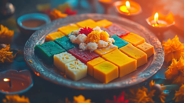 Diwali sweets being displayed on a plate with diya lamps in the background