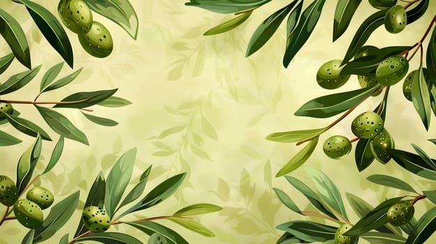 A cluster of green olives adorn a leafy branch of a terrestrial plant. The vegetation provides a picturesque scene with its hanging fruit