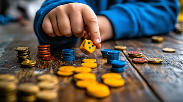 Child is playing a board game involving rolling dice, money, and colorful game chips on a wooden table