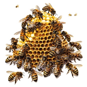 An intricate illustration featuring honeybees buzzing around a vibrant honeycomb