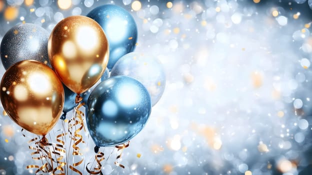 Blue and gold balloons are floating on a sparkly silver background with bokeh for birthday or party