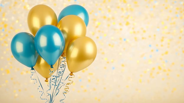 Blue and gold balloons floating with ribbons on a glittery background, perfect for birthday or party invitations or decorations