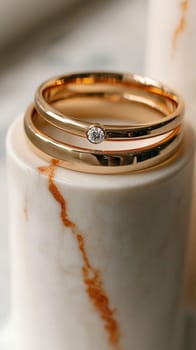 Pair of simple, elegant gold wedding rings adorned with a single diamond are displayed, symbolizing love and commitment