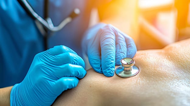 Doctor wearing blue gloves is using a stethoscope to listen to a patient's lungs