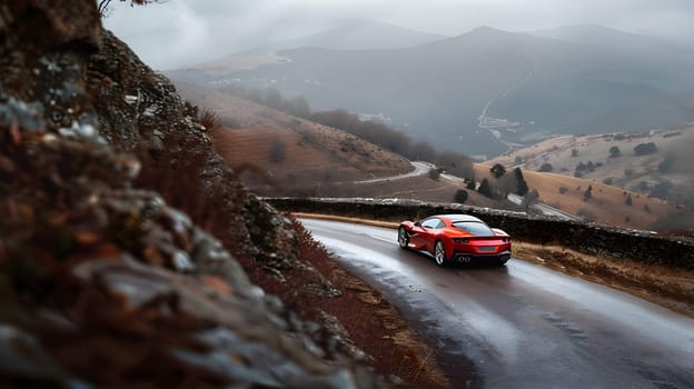 A red sports car navigates a winding mountain road on an overcast day.