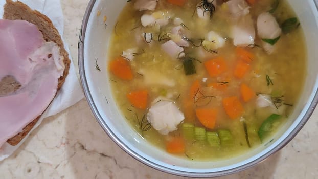 vegetable soup with chicken, food cooking lunch recipe. High quality photo