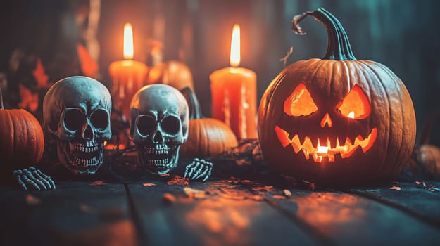Halloween pumpkin and skulls with burning candles creating a scary atmosphere on a wooden table
