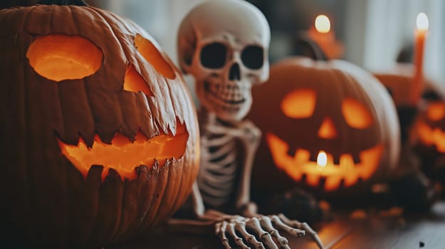 Spooky halloween decoration with carved pumpkins lit from within and a skeleton resting on a table